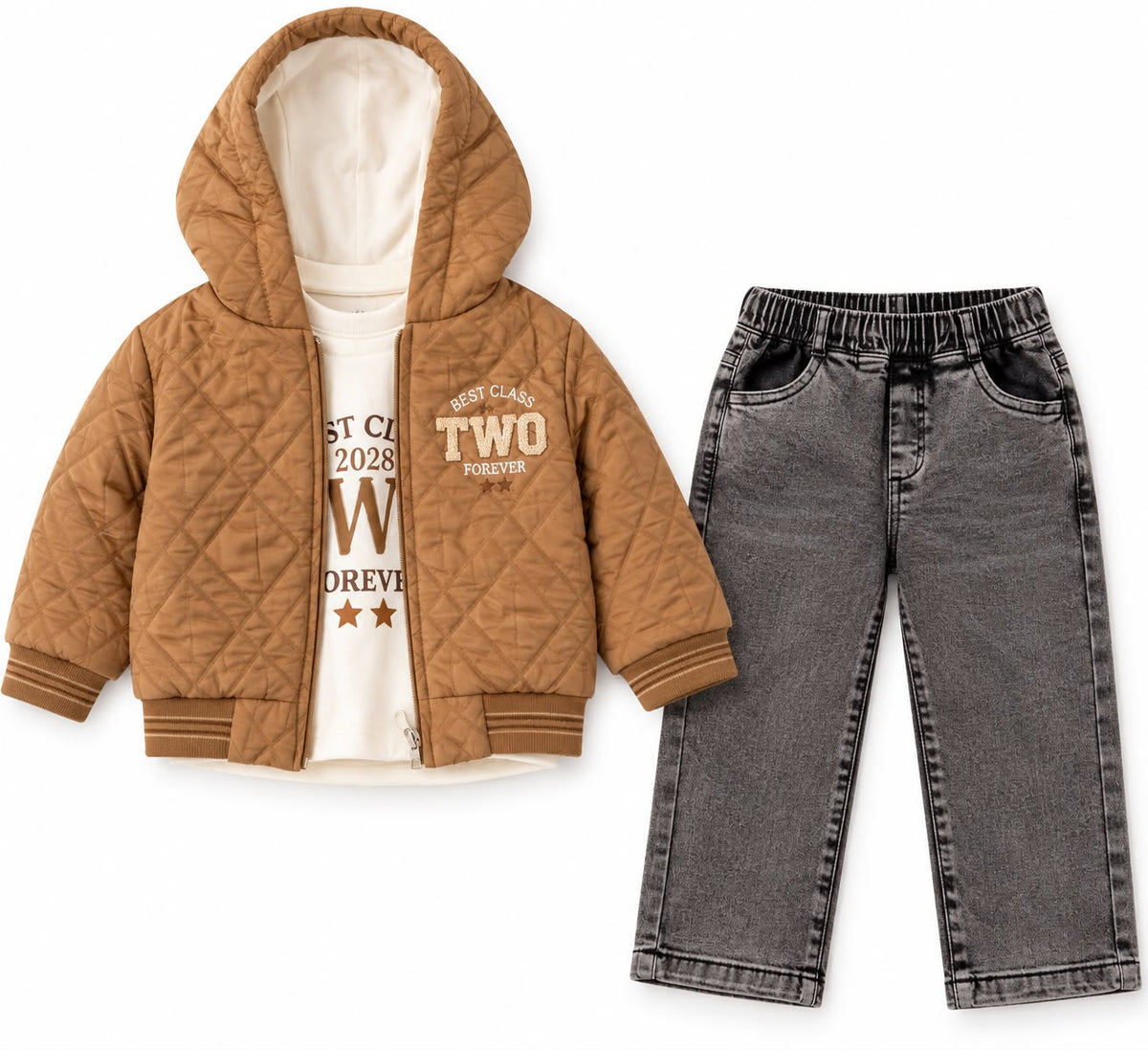Compleu 3 piese pentru baieti – Geaca matlasata, bluza si pantaloni