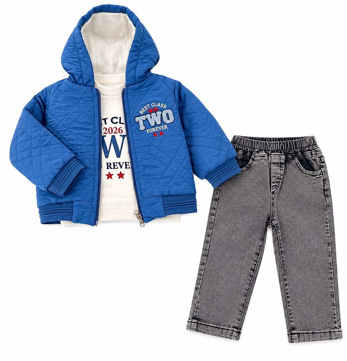 Compleu 3 piese pentru baieti – Geaca albastra, bluza si pantaloni
