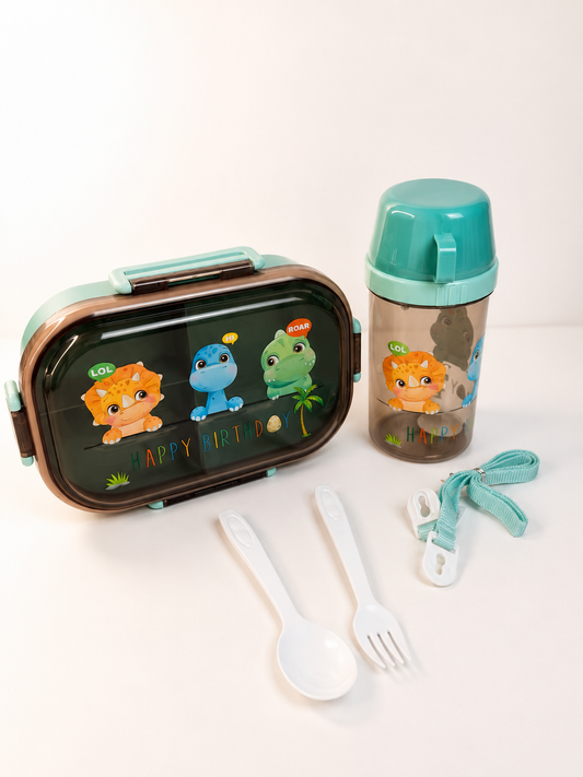 Set Lunch Box + Sticlă + Tacâmuri – Model Dinozauri Turcoaz