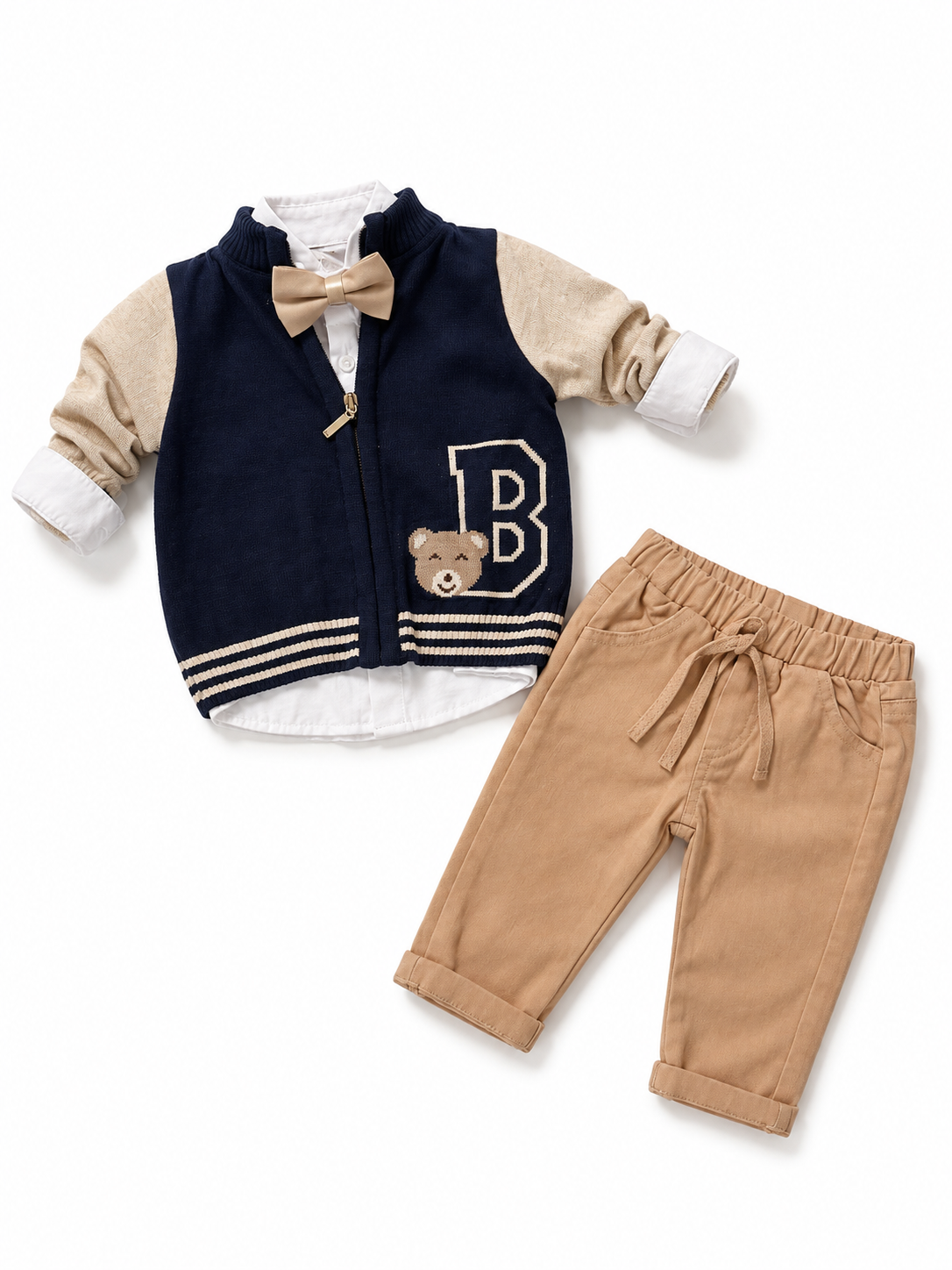 Compleu băieți cu vestă, cămașă și papion – Bleumarin & Bej