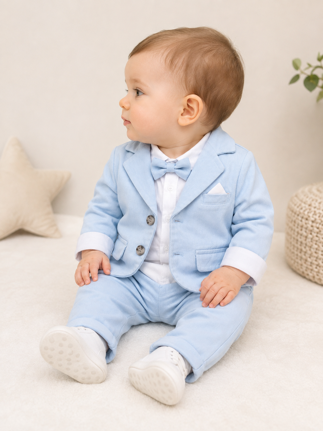Costum elegant băieți 4 piese – Sacou, Body-Cămașă, Pantaloni și Papion