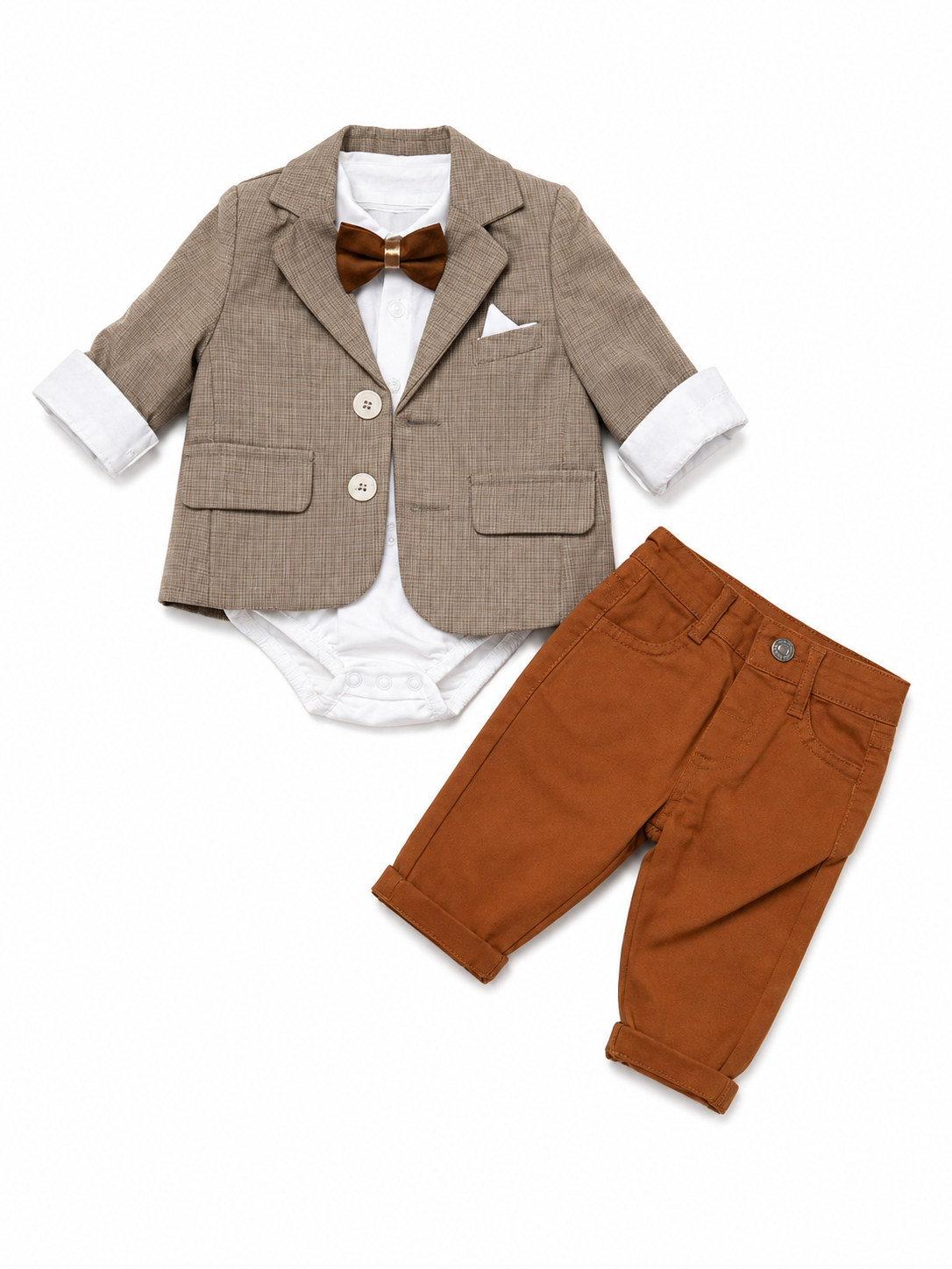 Costum elegant băieți 4 piese – Sacou, Body-Cămașă, Pantaloni și Papion