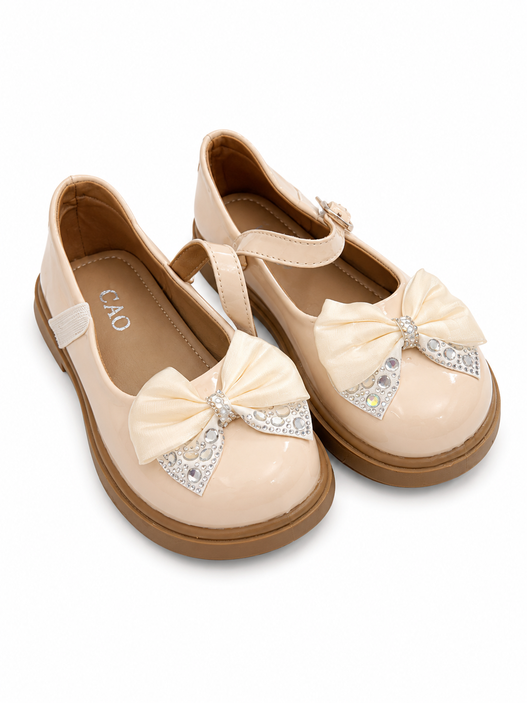 Pantofi eleganți pentru fete cu fundiță și strasuri – Bej / Negru