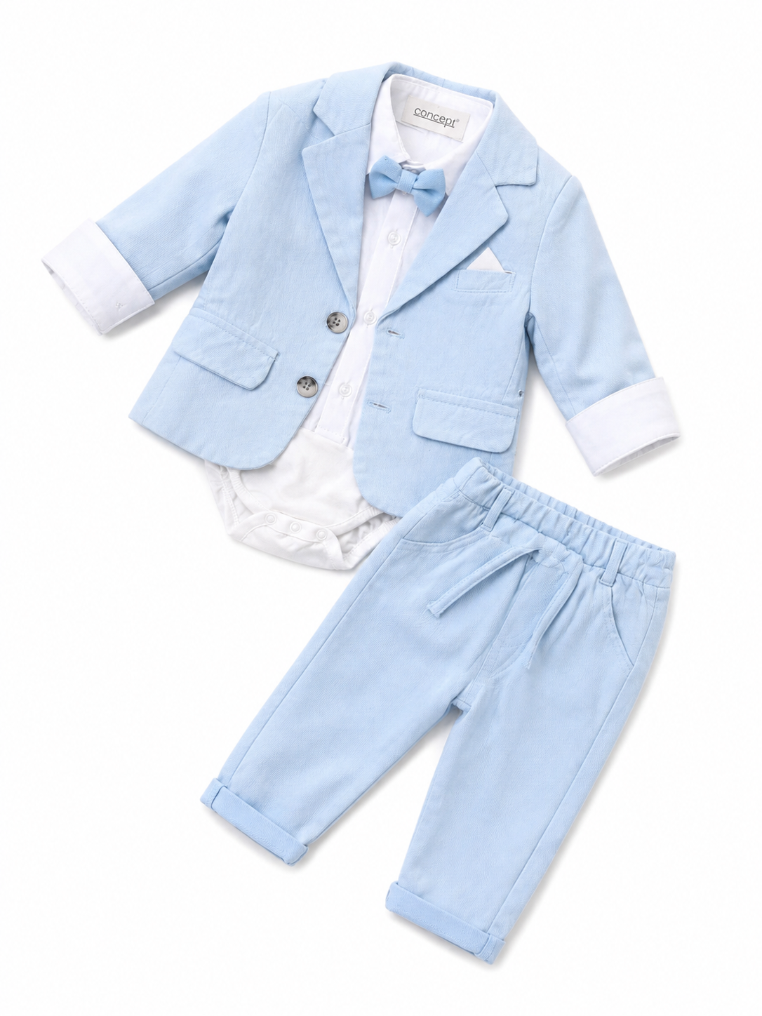 Costum elegant băieți 4 piese – Sacou, Body-Cămașă, Pantaloni și Papion