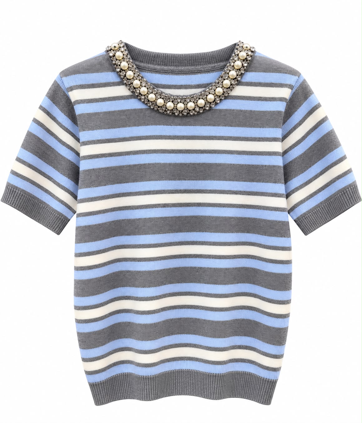 Bluza dama tricotata in dungi cu perle decorative, marime universala.