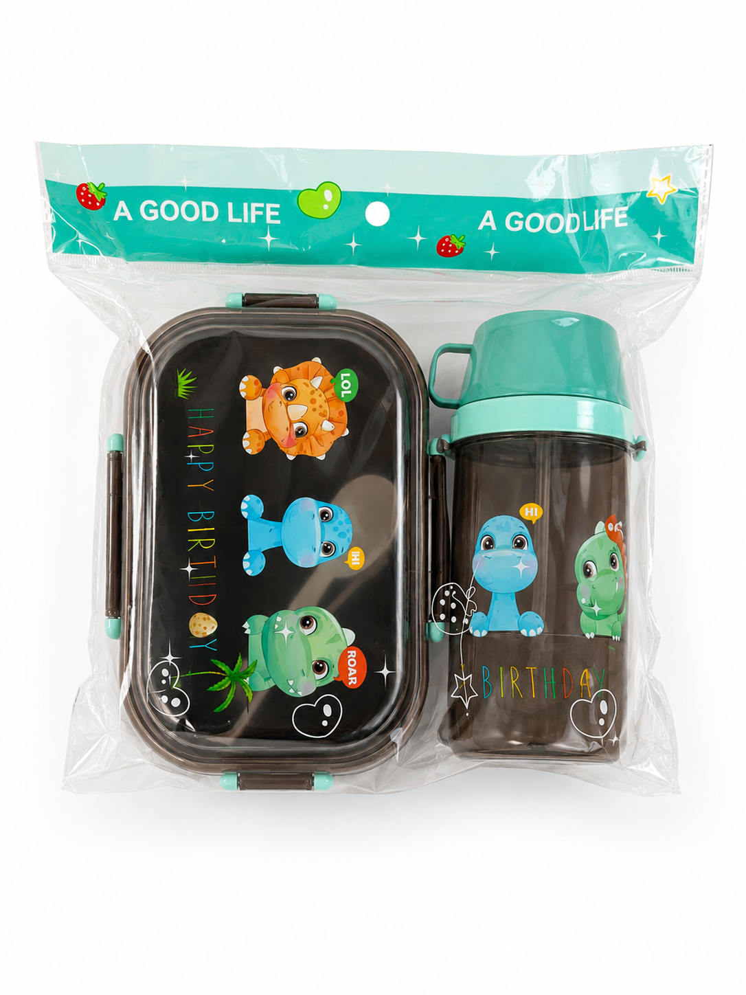 Set Lunch Box + Sticlă + Tacâmuri – Model Dinozauri Turcoaz