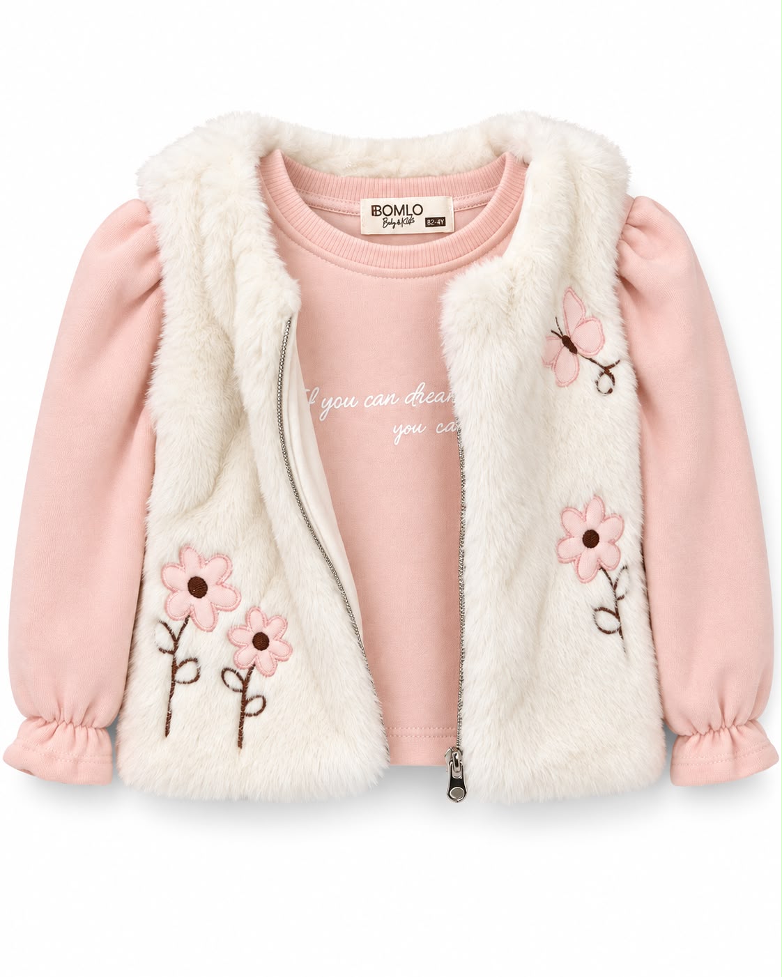 Compleu fete 3 piese cu vesta pufoasa si imprimeu floral – Roz