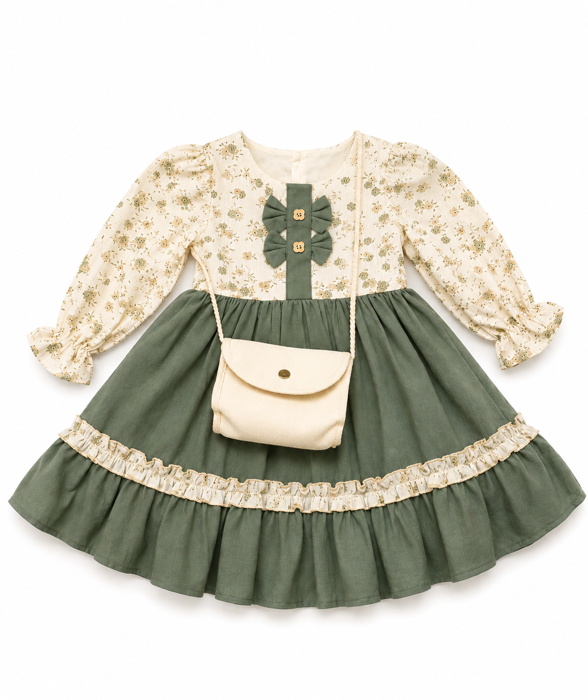 Rochie eleganta pentru fetite cu imprimeu floral si gentuta – verde salvie