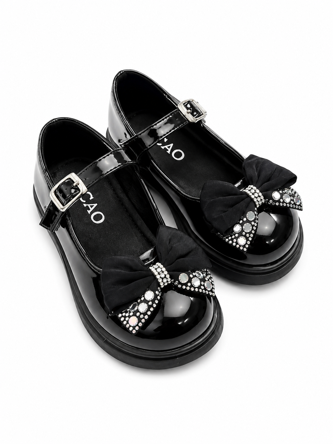 Pantofi eleganți pentru fete cu fundiță și strasuri – Bej / Negru