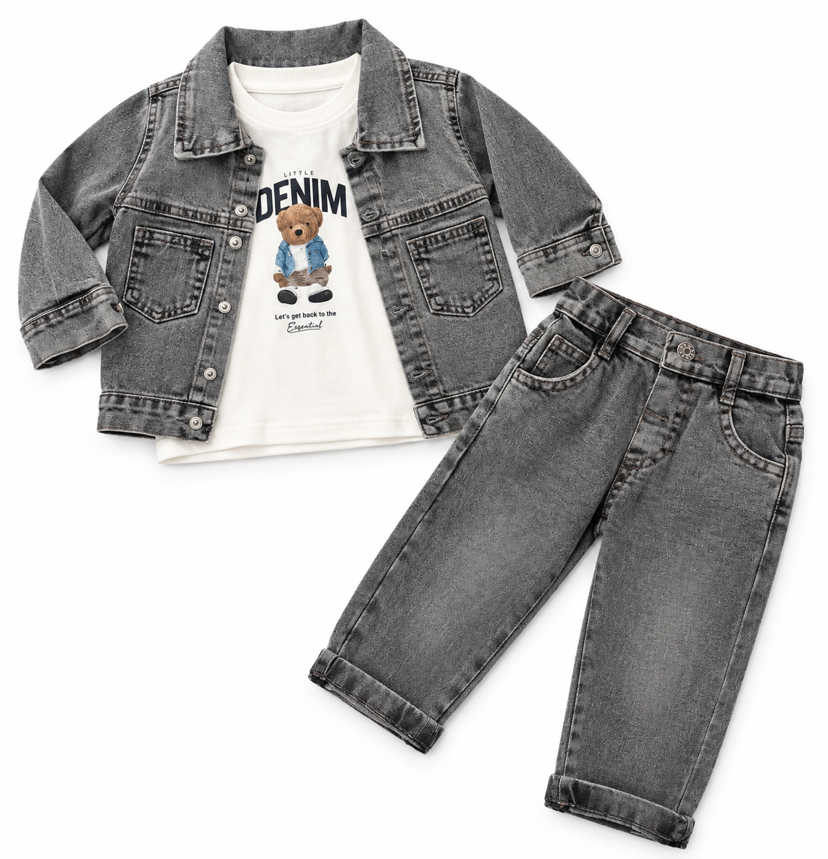 Compleu copii 3 piese cu geaca si pantaloni din denim, diferite modele