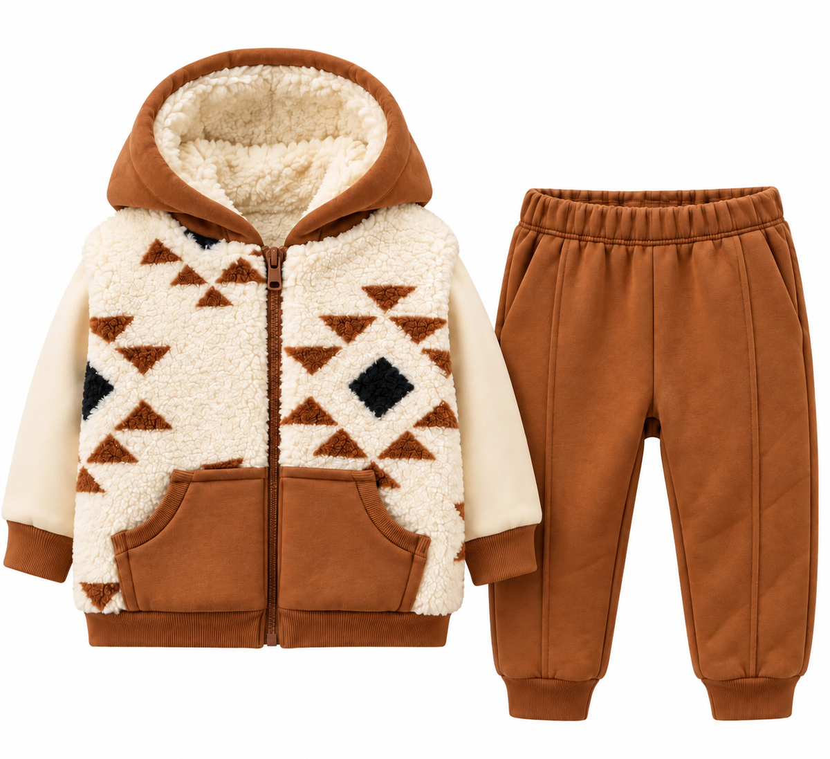 Compleu copii 3 piese cu vesta pufoasa, bluza si pantaloni – maro