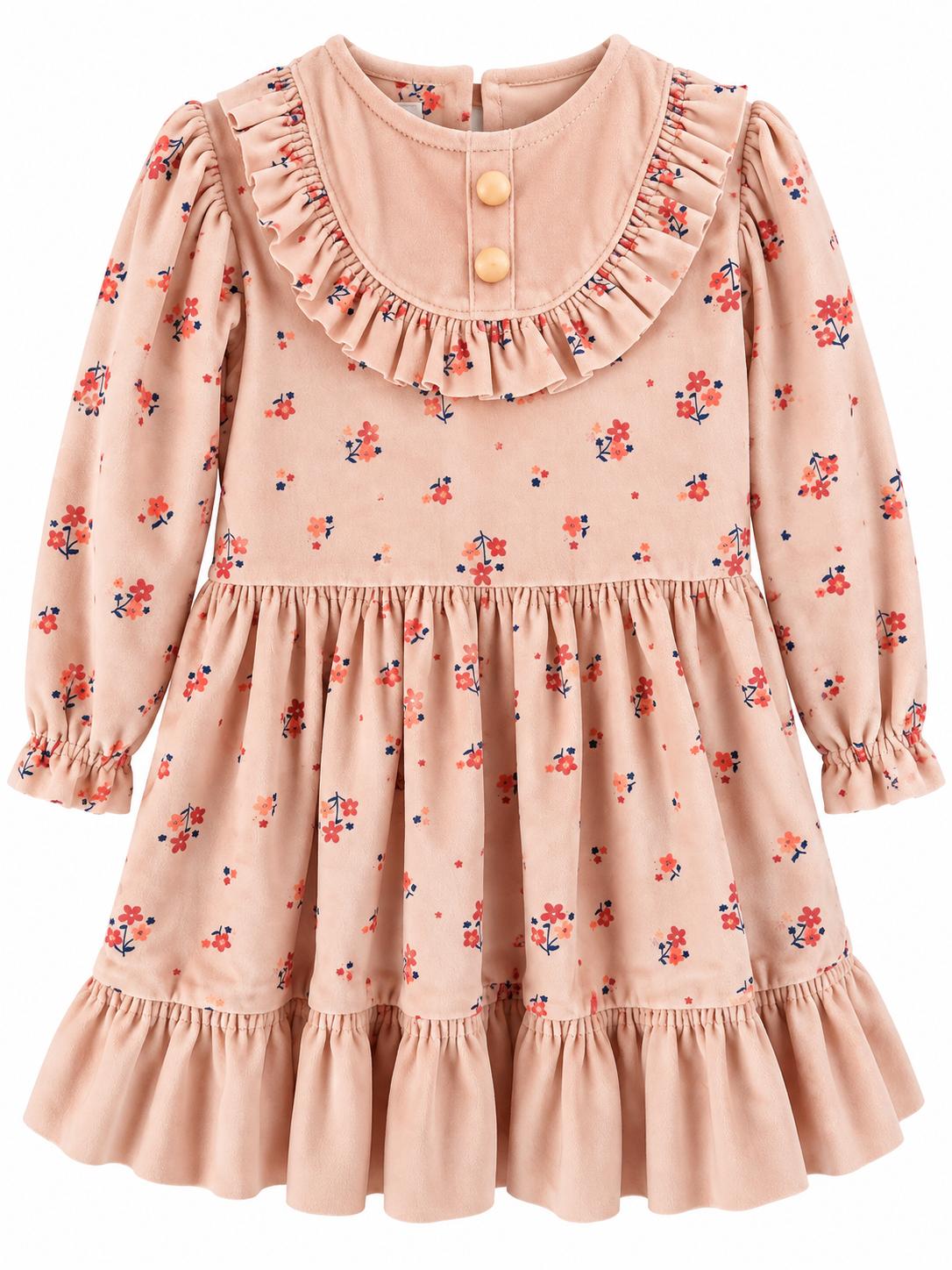 Rochie fetite roz pudrat cu imprimeu floral si volane
