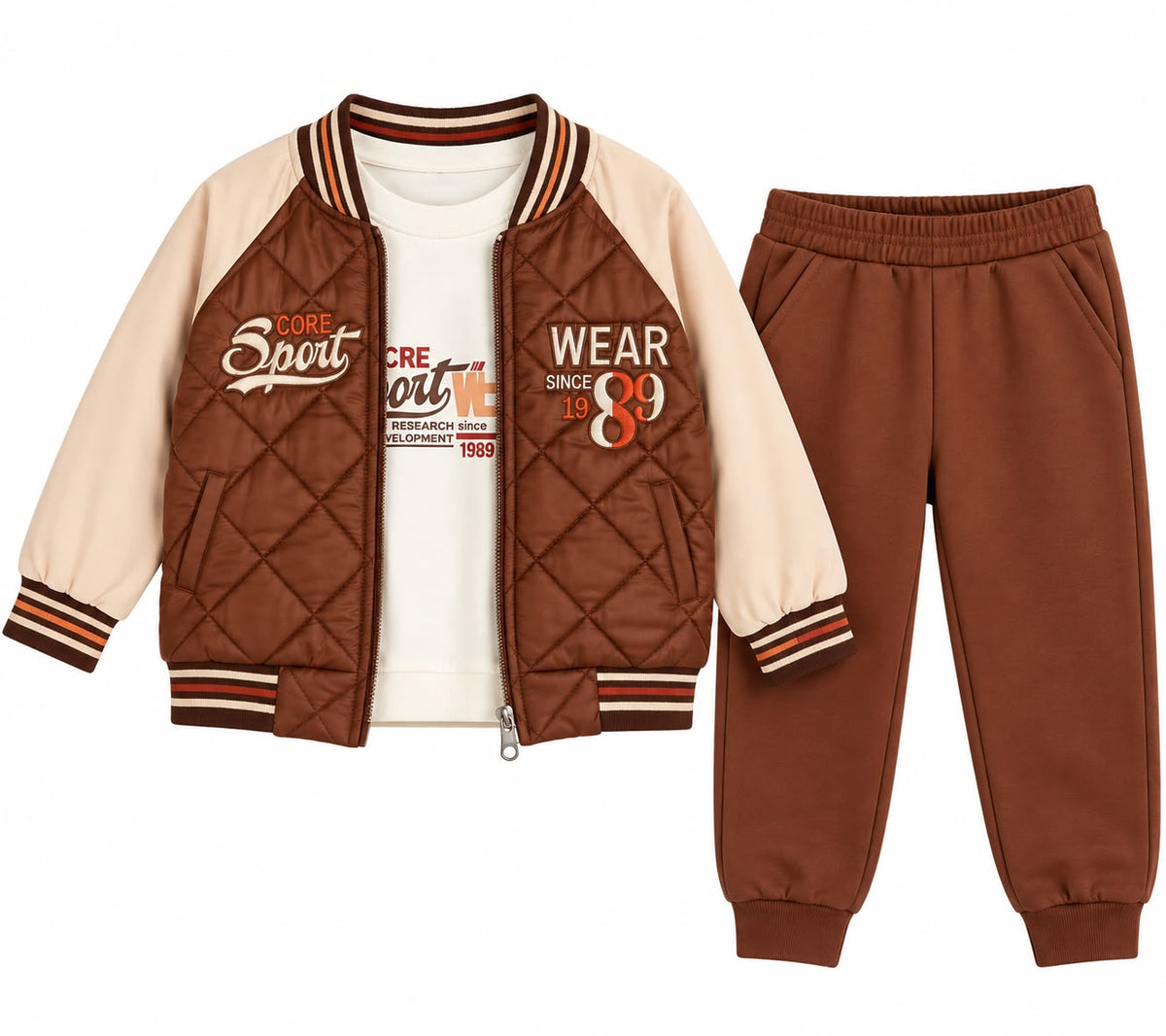 Compleu baietei 5 ani, 3 piese cu geaca bomber, bluza si pantaloni – maro