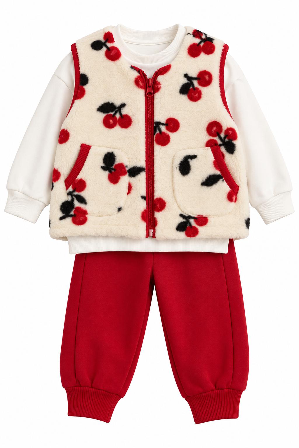 Compleu copii 3 piese cu vesta pufoasa, bluza si pantaloni – rosu
