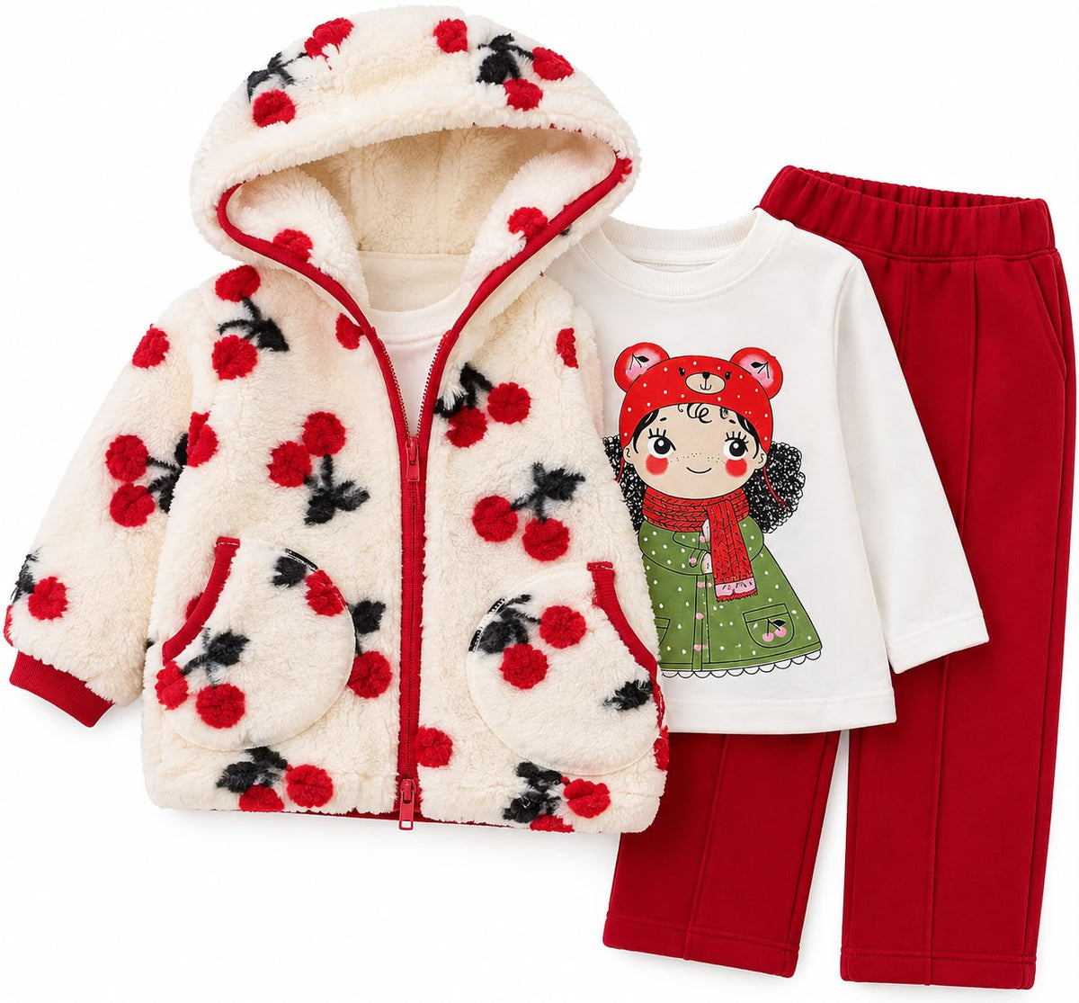 Compleu copii 3 piese cu vesta pufoasa, bluza si pantaloni – rosu