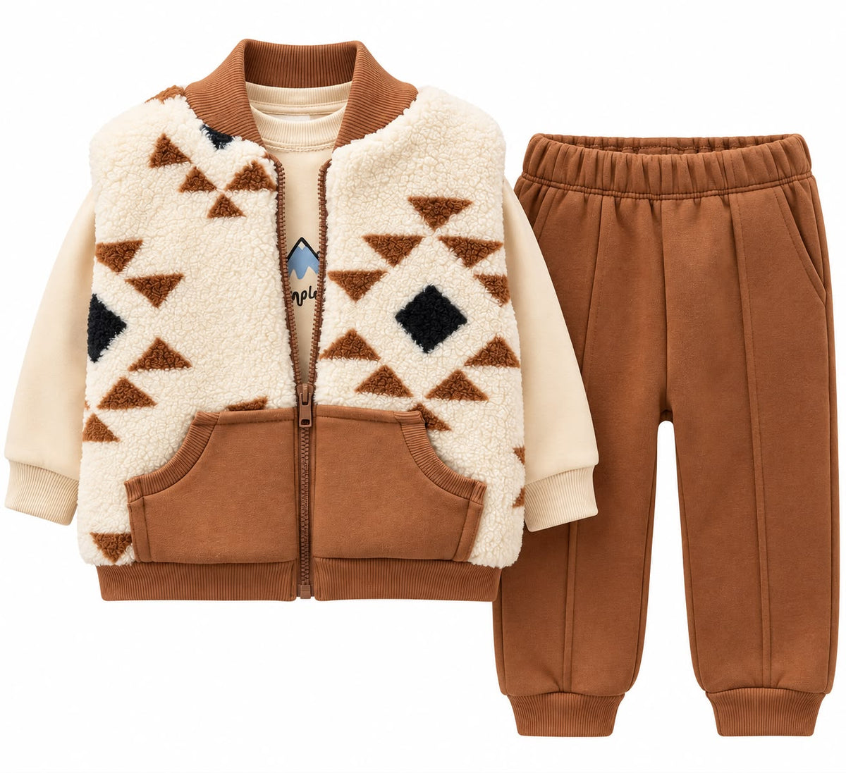 Compleu copii 3 piese cu vesta pufoasa, bluza si pantaloni – maro