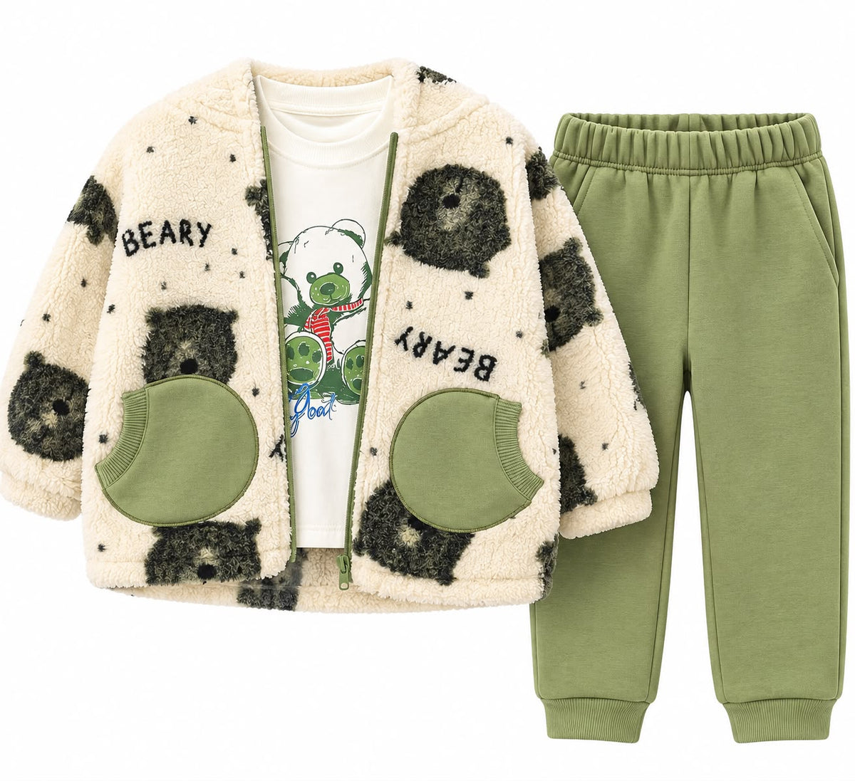 Compleu copii 3 piese cu hanorac pufos, bluza si pantaloni – verde