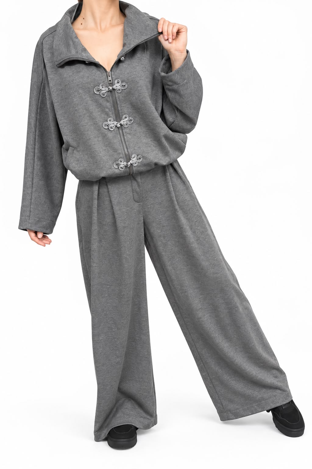 Compleu dama lejer cu pantaloni largi si bluza cu fermoar – Gri, marime universala