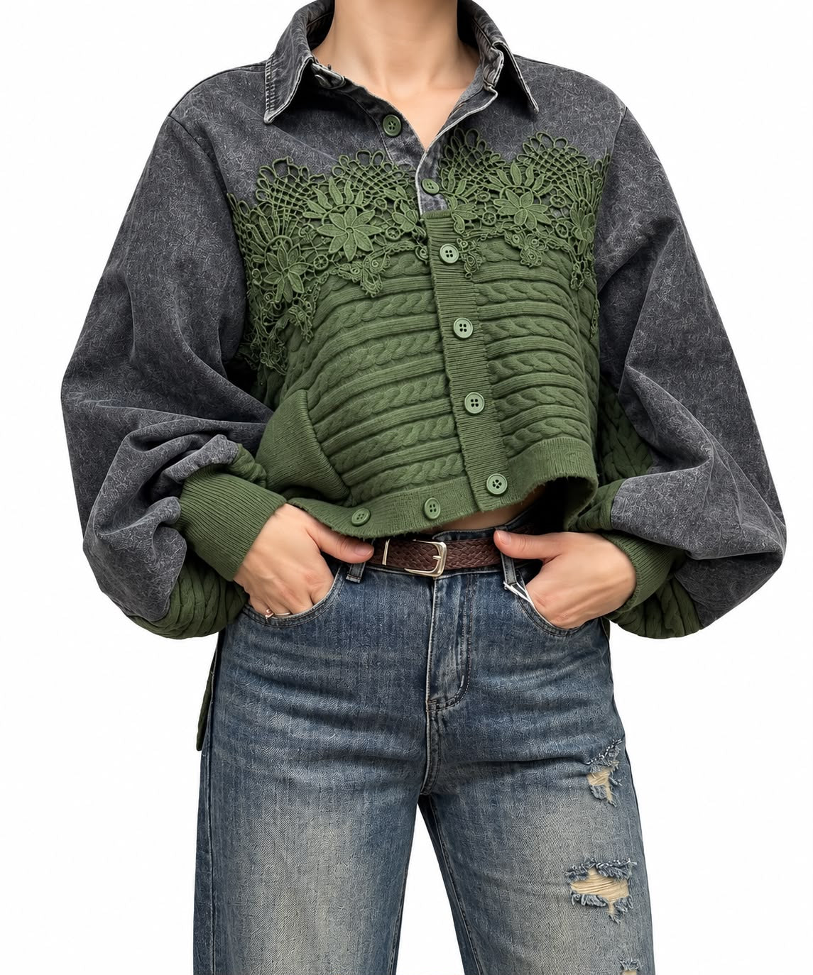 Geaca dama tip denim cu tricot si dantela
