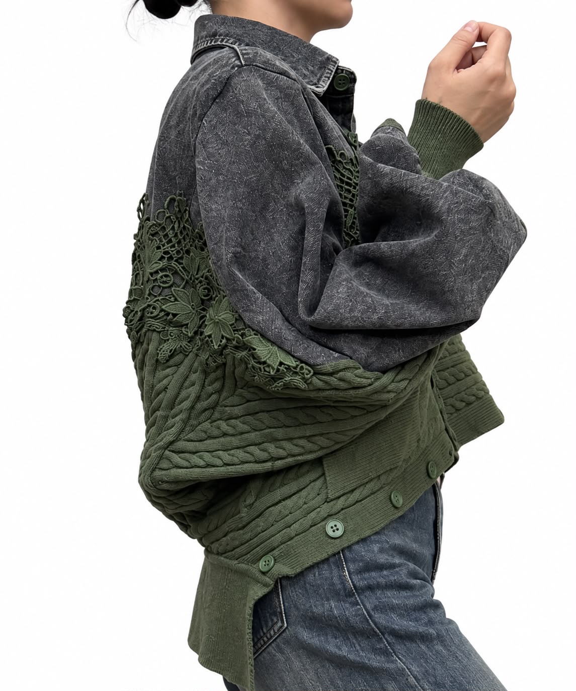 Geaca dama tip denim cu tricot si dantela