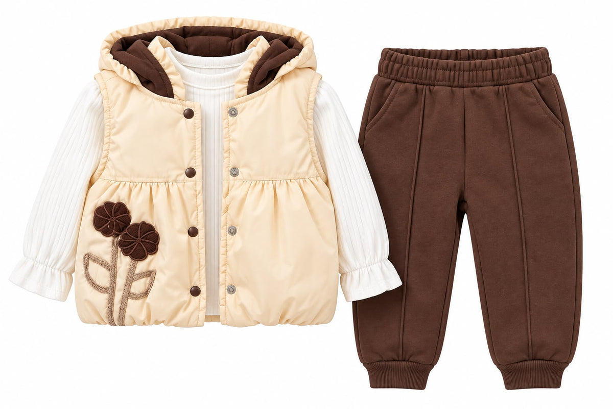 Compleu 3 Piese Fete – Vesta cu Gluga, Bluza si Pantaloni, Crem/Maro