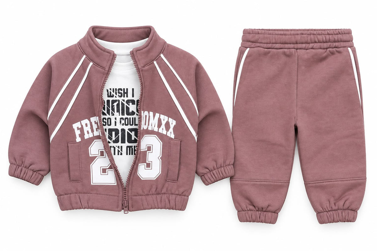 Compleu 3 Piese Copii – Bluza, Jacheta si Pantaloni Sport, Roz Pudrat