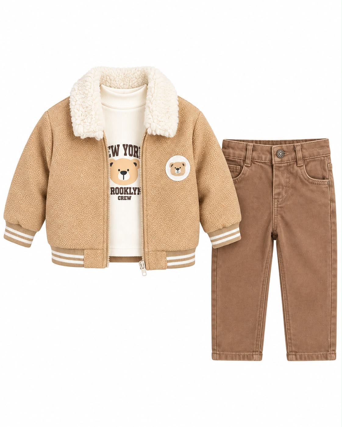 Compleu Baieti 3 Piese cu Geaca Bej cu Guler Pufos, Bluza cu Ursulet si Pantaloni Maro