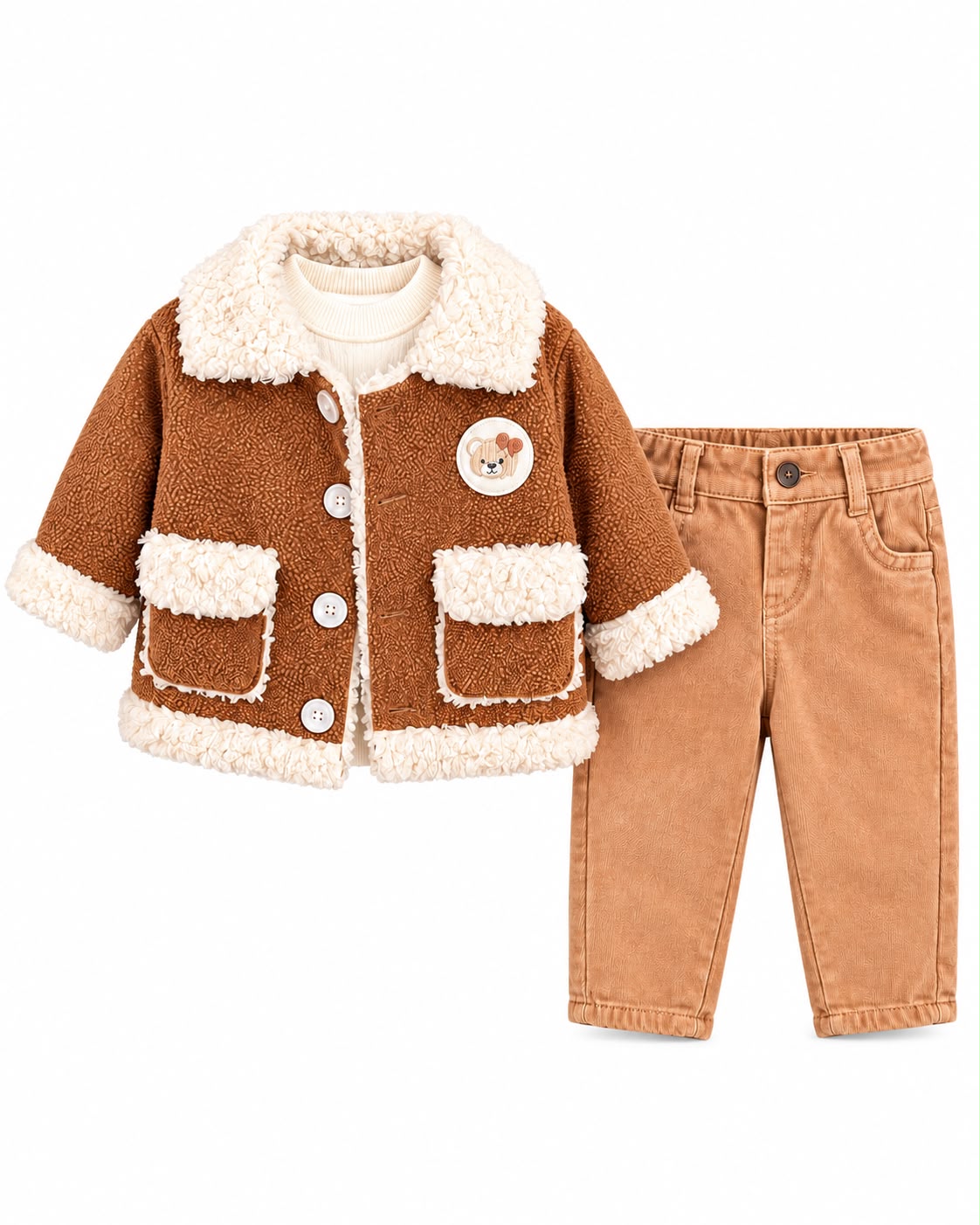 Compleu fete 3 Piese cu Jacheta Pufoasa Maro, Bluza Crem si Pantaloni Bej