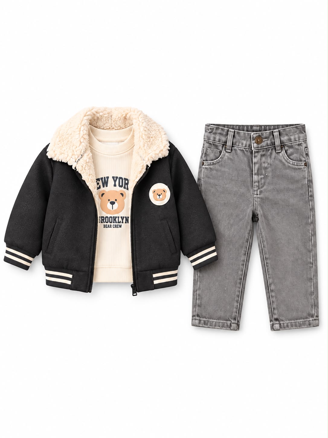 Compleu Baieti 3 Piese cu Geaca Neagra cu Guler Pufos, Bluza cu Ursulet si Blugi Gri