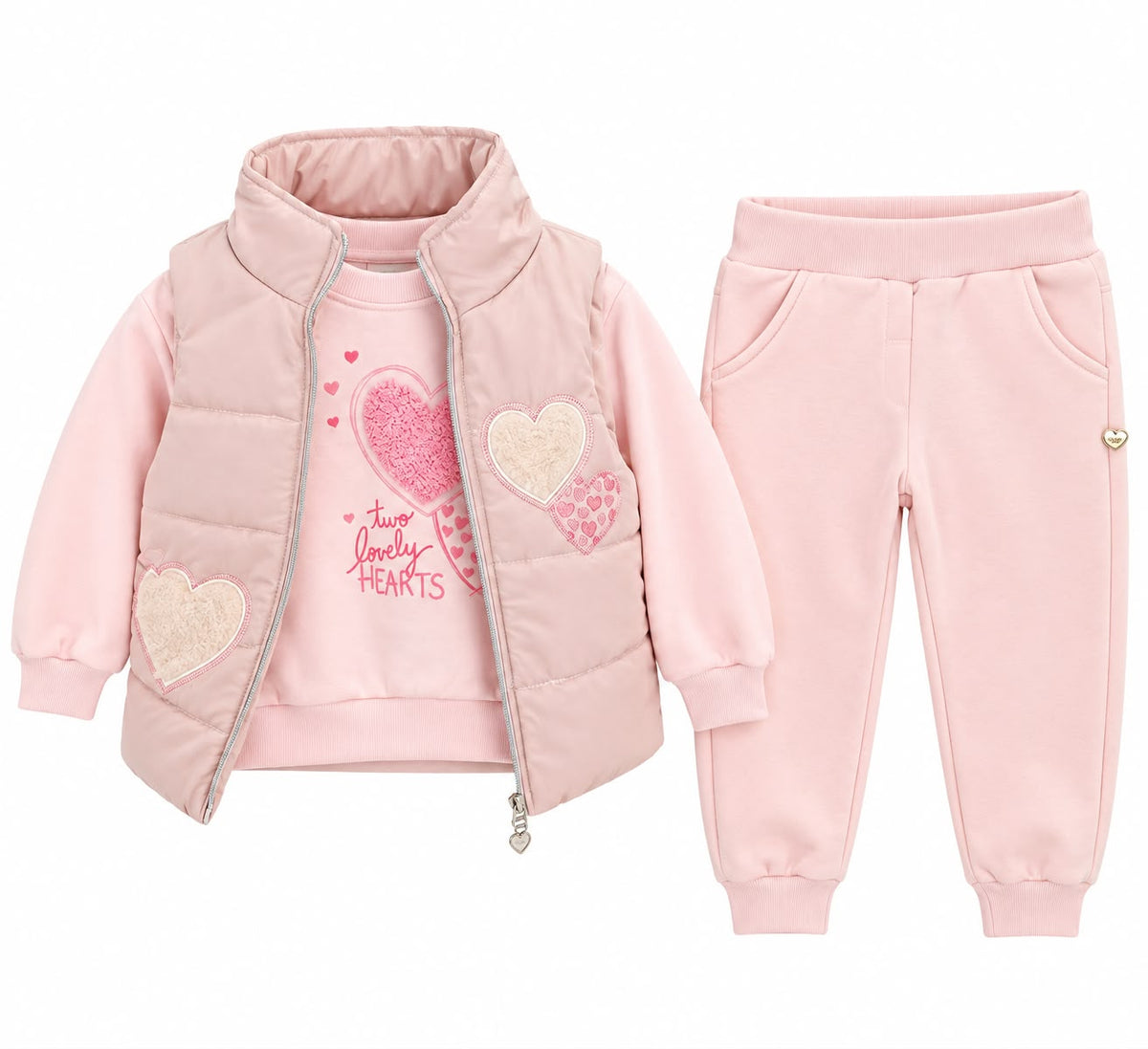 Compleu Fete 3 Piese cu Vesta Matlasata, Bluza cu Inimioare si Pantaloni Roz
