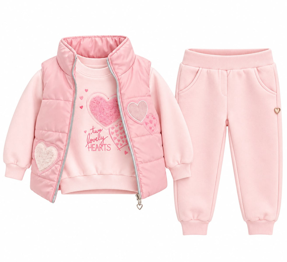 Compleu Fete 3 Piese cu Vesta Matlasata Roz, Bluza cu Inimioare si Pantaloni Asortati