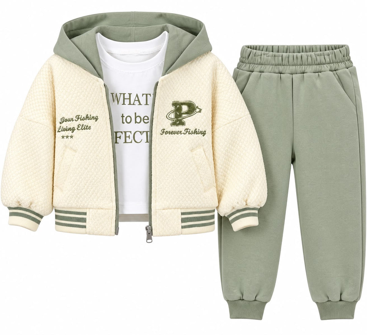 Set 3 piese pentru copii – Jacheta matlasata, tricou si pantaloni sport
