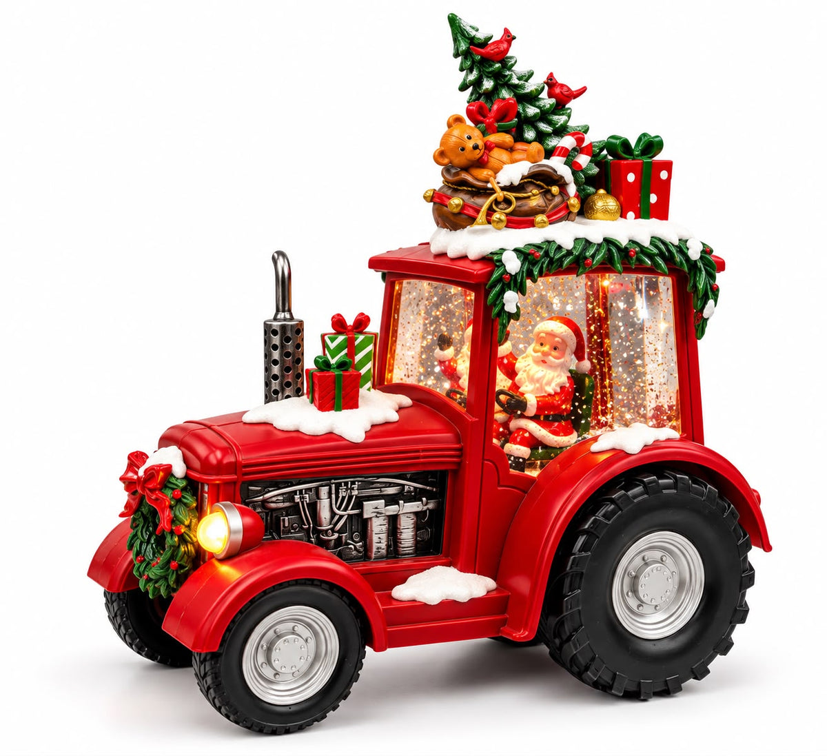 Tractor Decorativ de Craciun cu Mos Craciun, Lumini si Melodii, Alimentare cu Baterii sau Adaptor Inclus