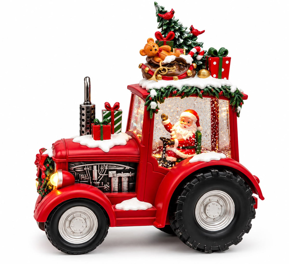 Tractor Decorativ de Craciun cu Mos Craciun, Lumini si Melodii, Alimentare cu Baterii sau Adaptor Inclus
