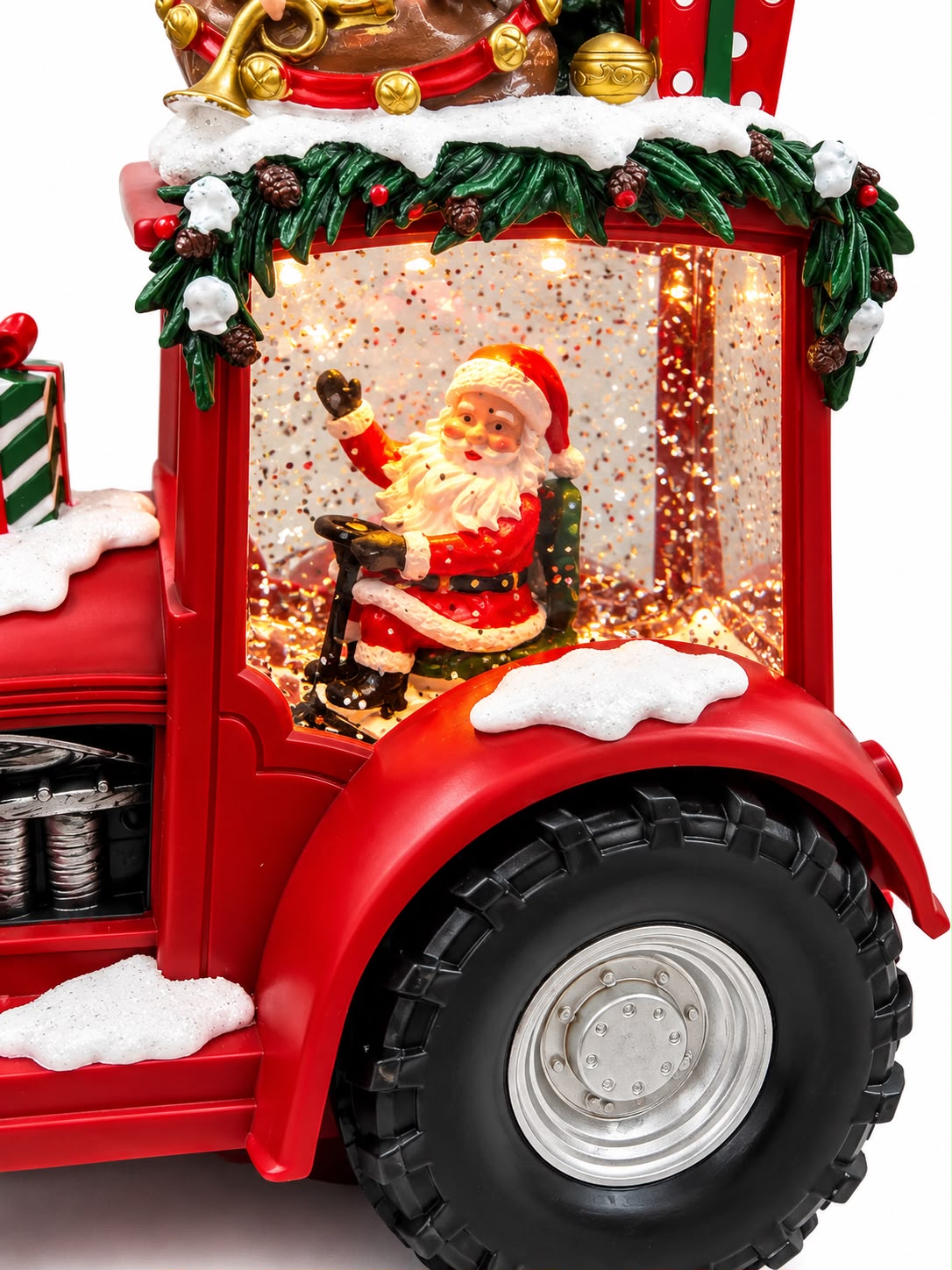Tractor Decorativ de Craciun cu Mos Craciun, Lumini si Melodii, Alimentare cu Baterii sau Adaptor Inclus