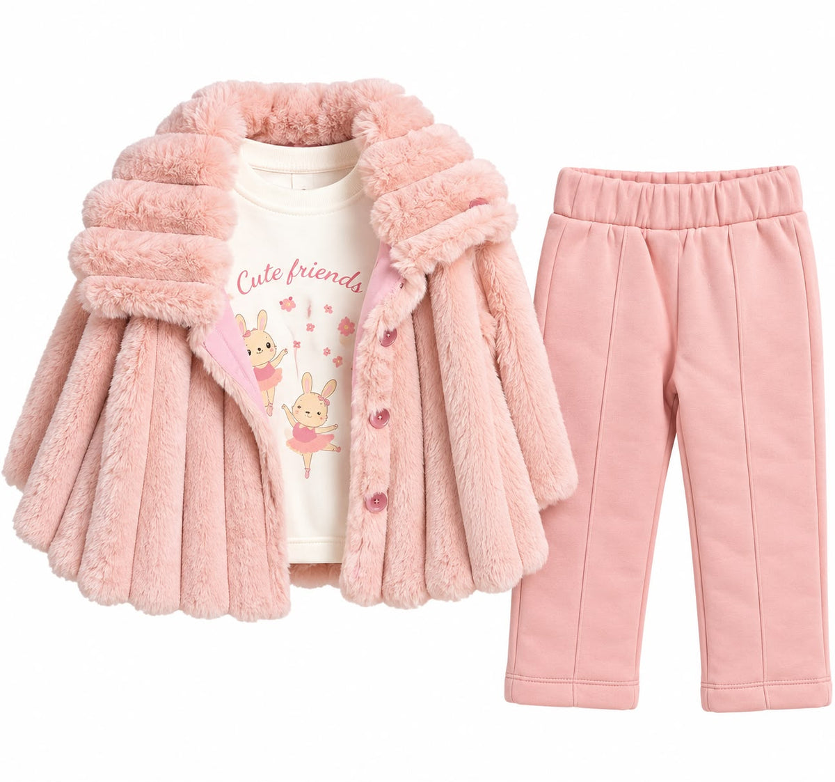 Compleu 3 Piese Fetite – Blanita Pufoasa, Bluza si Pantaloni Cute Friends