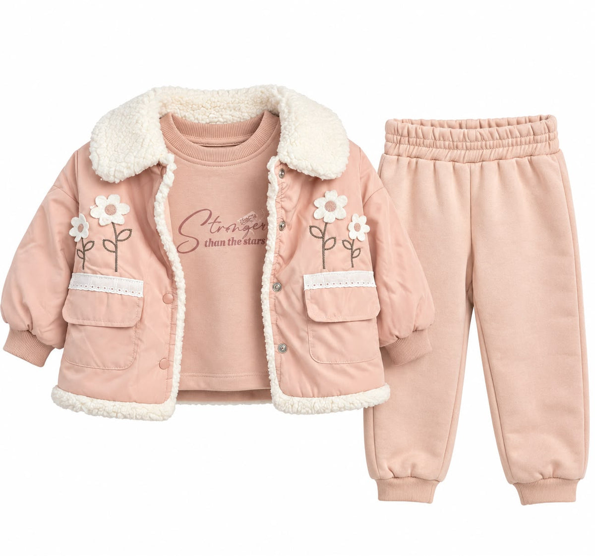 Compleu Fetite 3 Piese – Geaca Imblanita cu Floricele, Bluza si Pantaloni Roz Pudrat