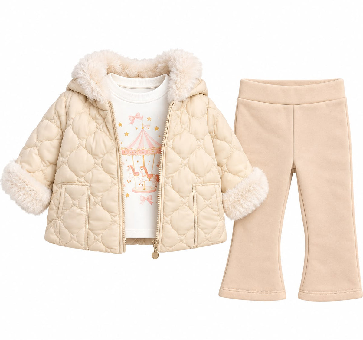 Compleu Elegant Fetite 3 Piese – Geaca Matlasata cu Blanita, Bluza si Pantaloni Evazati, 100% bumbac