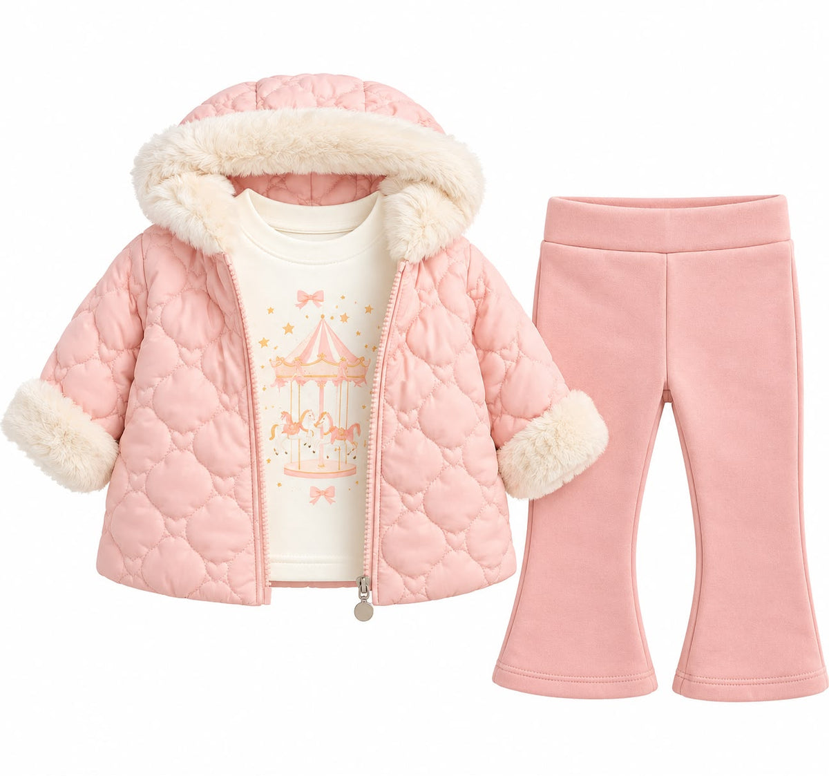 Compleu Elegant Fetite 3 Piese – Geaca Matlasata cu Blanita, Bluza si Pantaloni Evazati, 100% bumbac