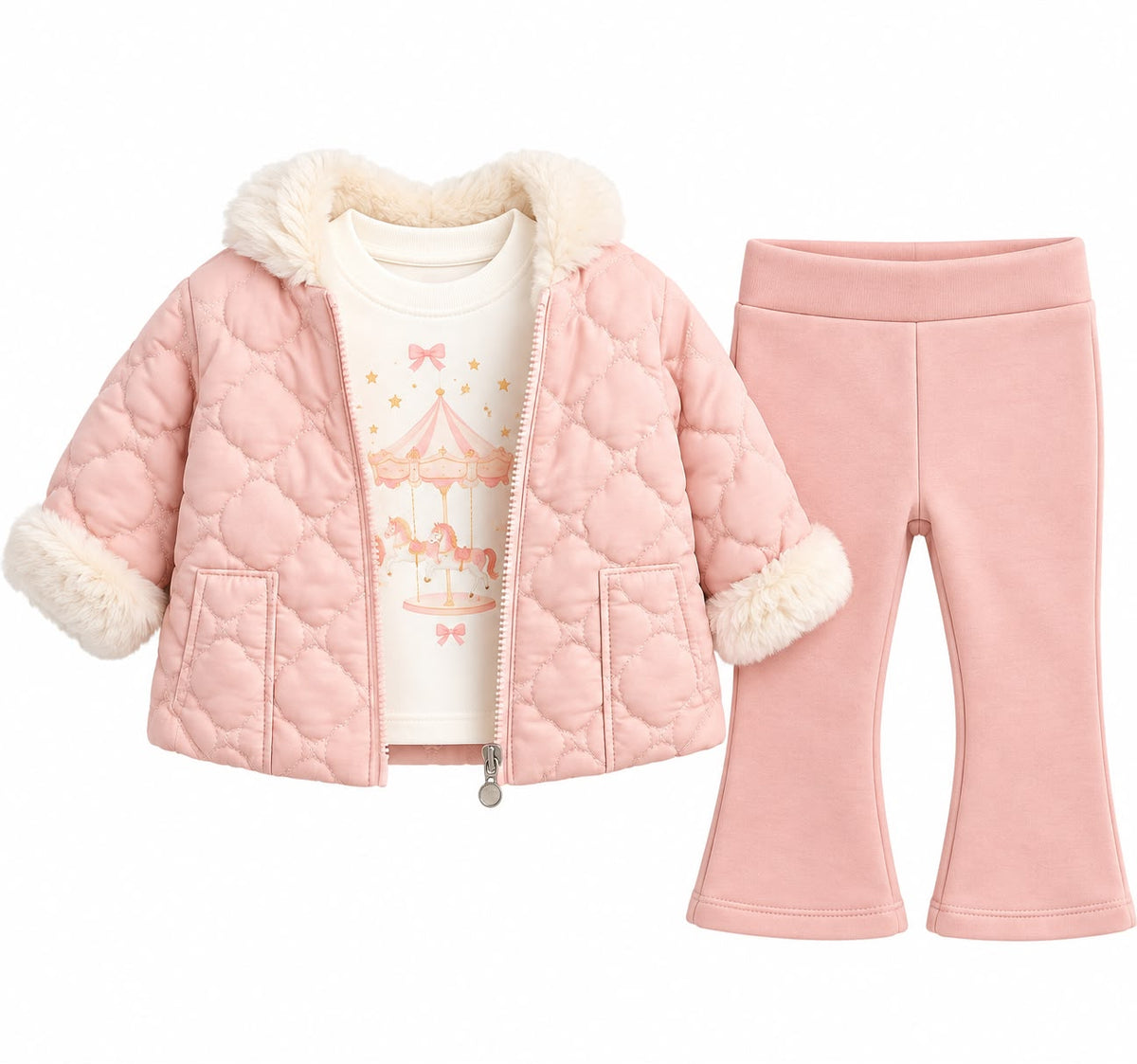 Compleu Elegant Fetite 3 Piese – Geaca Matlasata cu Blanita, Bluza si Pantaloni Evazati, 100% bumbac