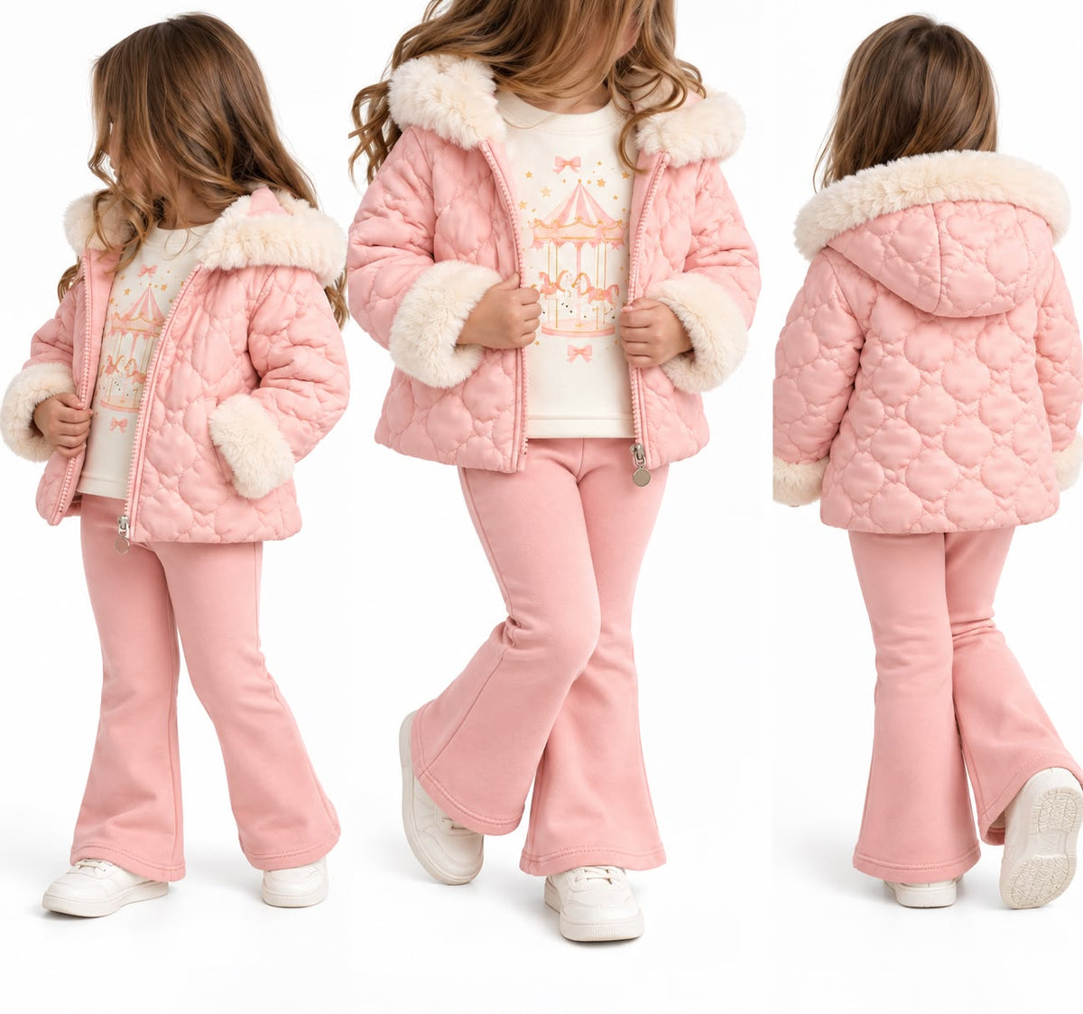Compleu Elegant Fetite 3 Piese – Geaca Matlasata cu Blanita, Bluza si Pantaloni Evazati, 100% bumbac