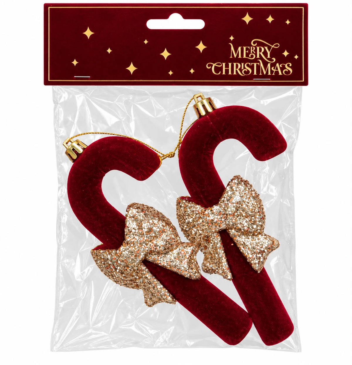 Set 2 Ornamente de Craciun – Bastonase Rosii cu Fundite Aurii Stralucitoare