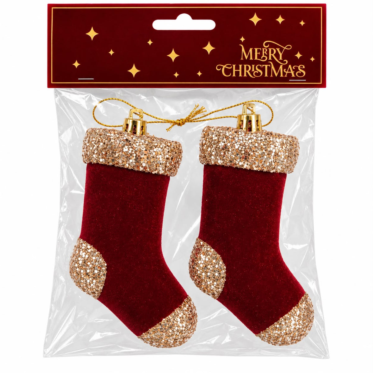 Set 2 Ornamente de Craciun – Sosetute Decorative Rosii din Catifea cu Sclipici Auriu