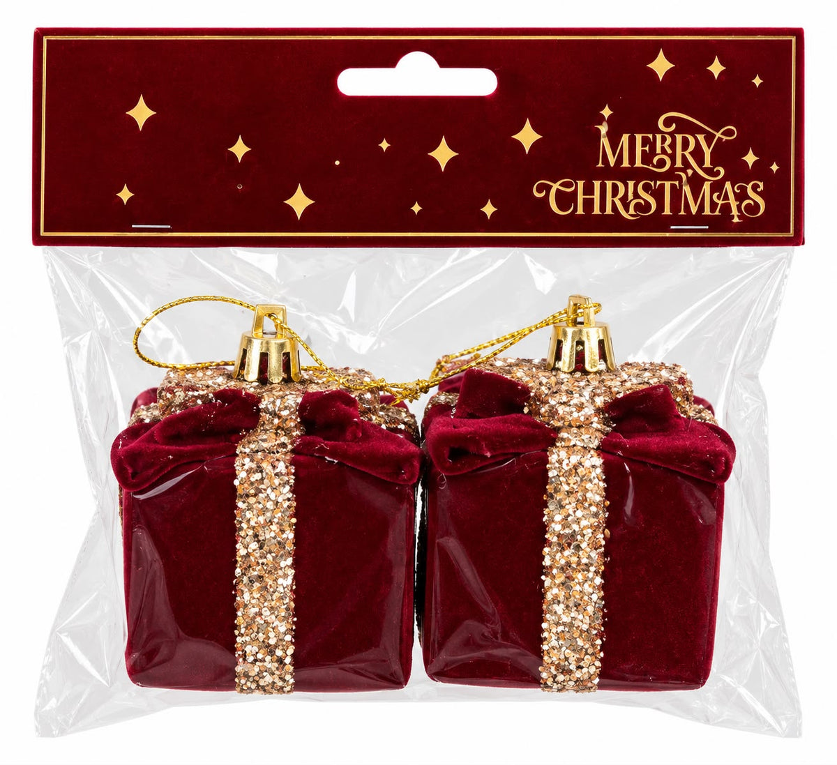 Set 2 Ornamente de Craciun – Cadouri Decorative Rosii din Catifea cu Sclipici Auriu
