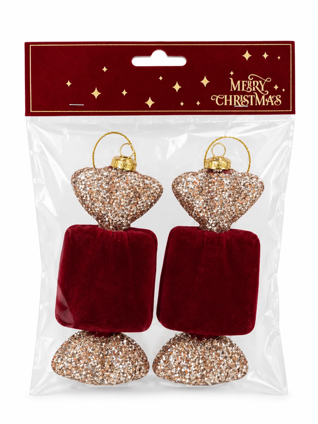 Set 2 Ornamente de Craciun – Bastonase Rosii cu Fundite Aurii Stralucitoare