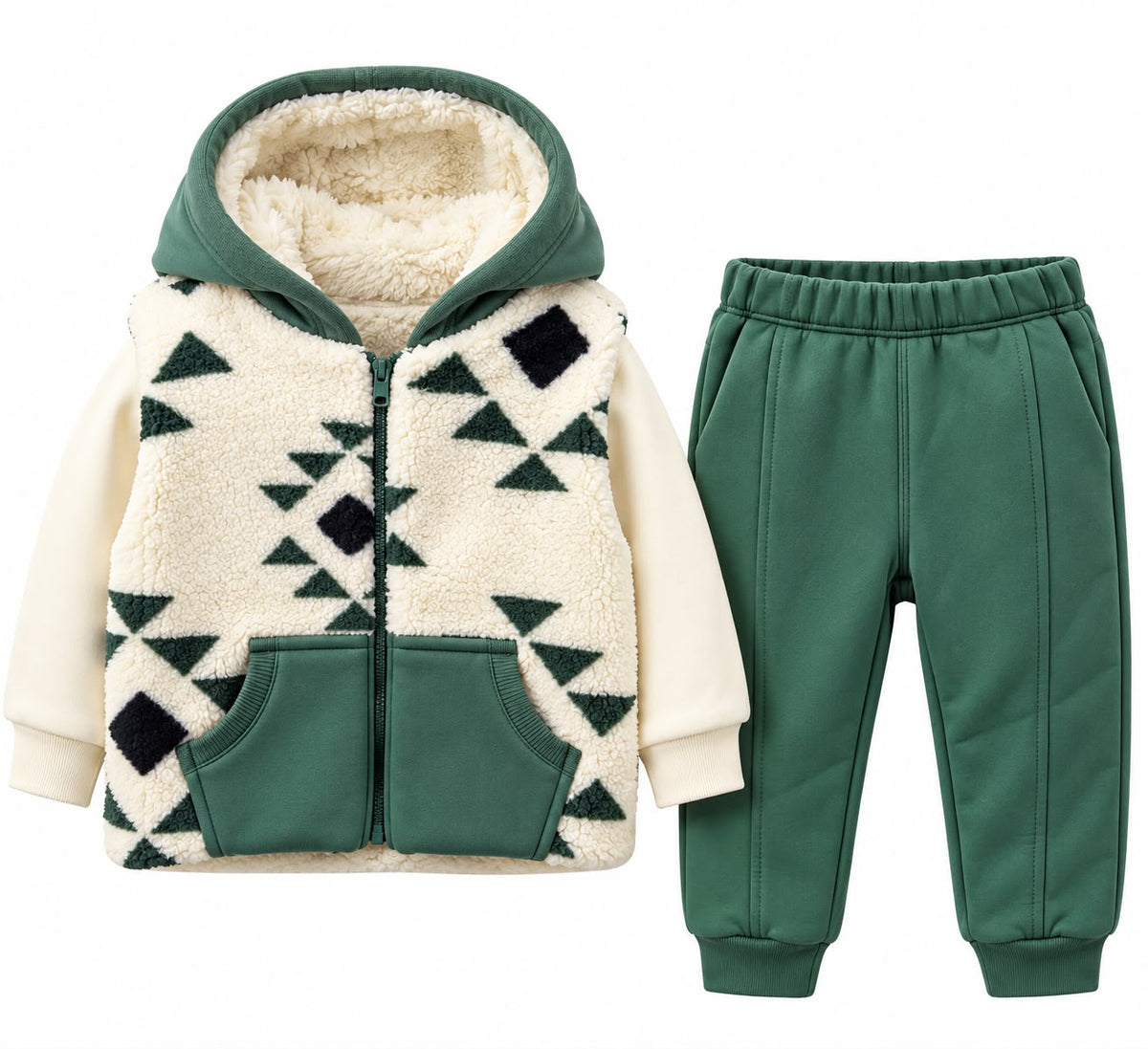 Set 2 piese pentru copii, hanorac cu gluga si pantaloni, verde si crem