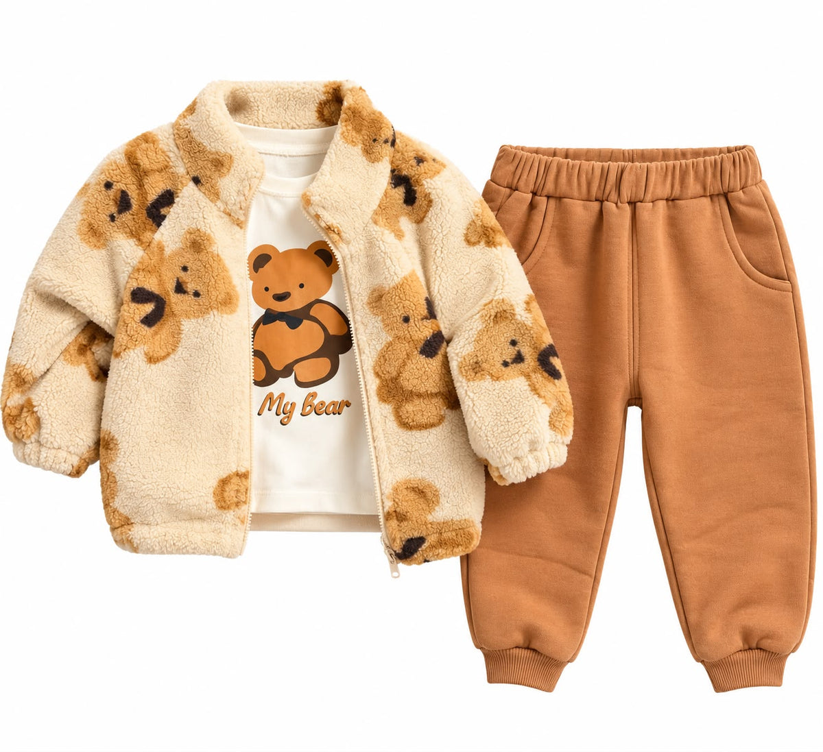 Set 3 piese pentru copii – jacheta pufoasa, tricou si pantaloni