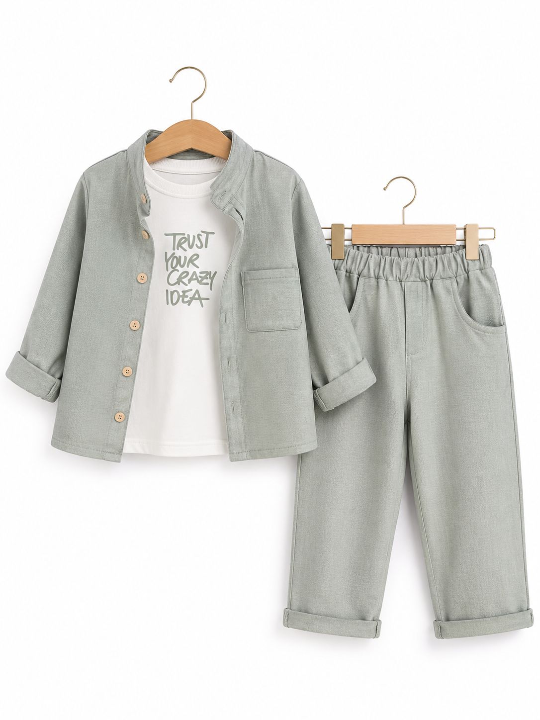 Compleu baieti 3 piese – camasa, tricou si pantaloni verde salvie
