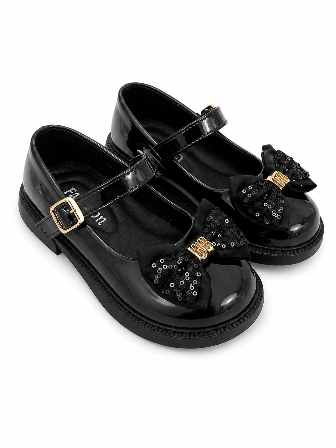 Pantofi eleganți pentru fete cu fundiță și paiete – Negru / Bej
