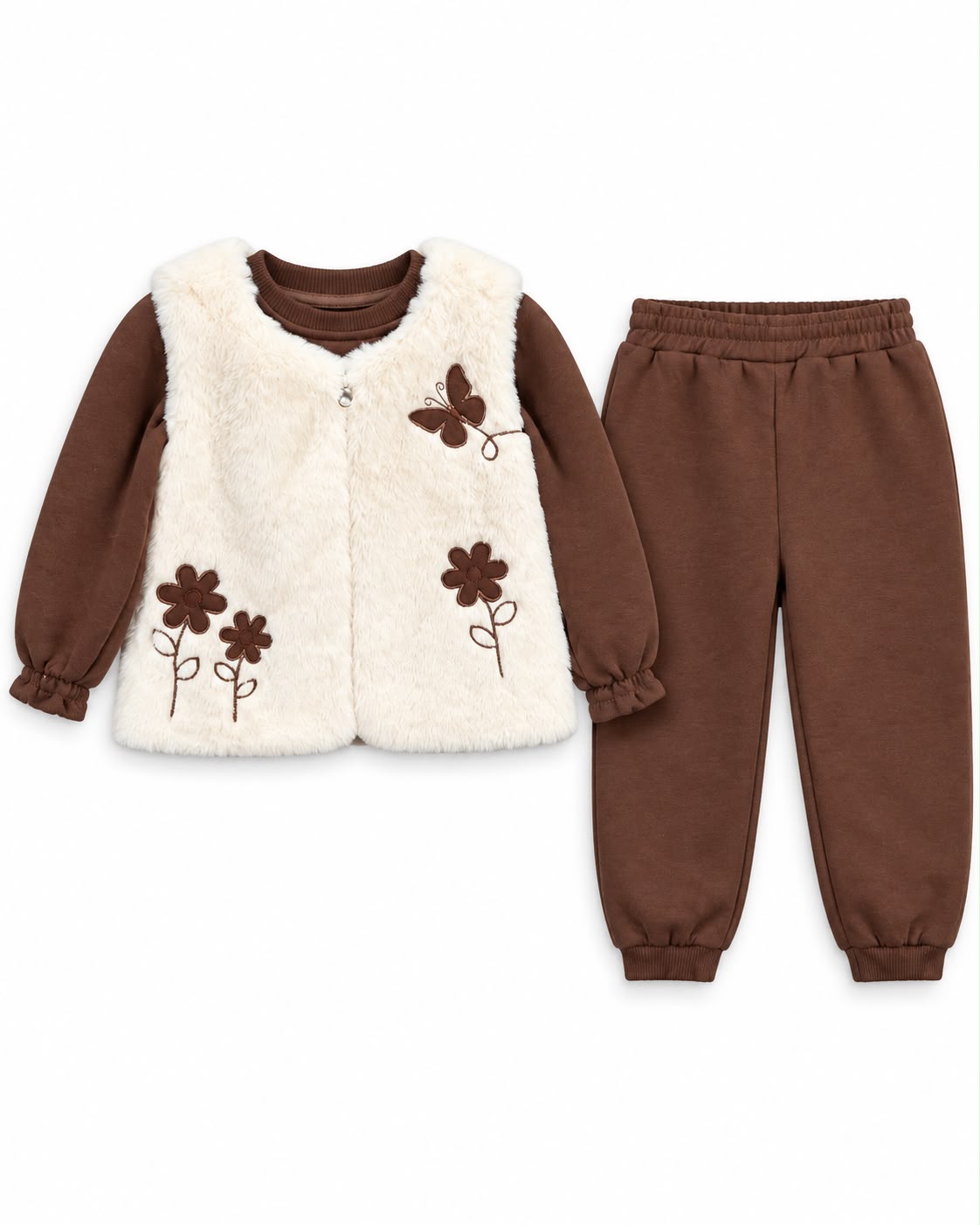 Compleu fete 3 piese cu vesta pufoasa si broderii florale – Maro